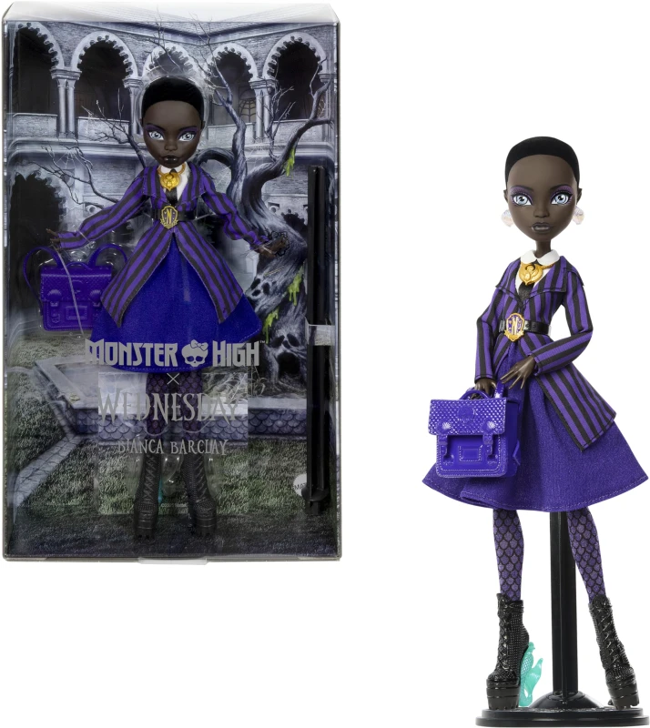 Image of Monster High x Wednesday Doll and Accessories Bianca Barclay Collectible in Nevermore Academy Uniform with Siren Amulet Backpack and Doll Stand