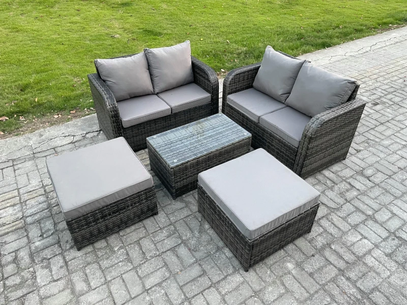 Image of Fimous Rattan Garden Furniture Set 6 Seater Patio Outdoor Lounge Sofa Set with Rectangular Coffee Table 2 Big Footstool Dark Grey
