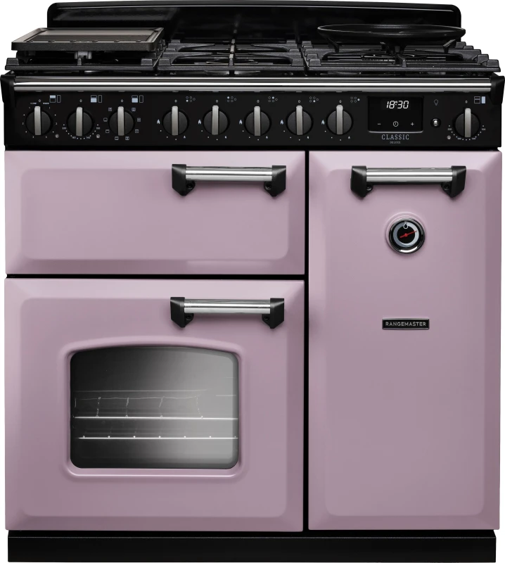 Image of Rangemaster Classic Deluxe CLDL90DFPHTH/CM1 90cm wide Dual Fuel Range Cooker with Gas Hob - Heather / Chrome - A Rated
