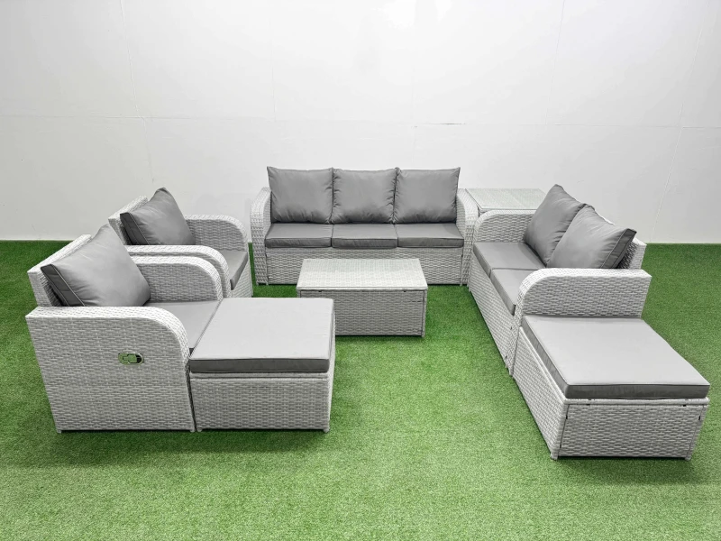 Image of Fimous PE Rattan Garden Furniture Set Adjustable Chair Sofa Double Love Seat 2 Seater Sofa Lounge Set Oblong Coffee Table 2 Big Footstool Side Table L