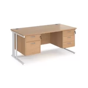 Image of Office Desk Rectangular Desk 1600mm With Double Pedestal Beech Top With White Frame 800mm Depth Maestro 25 MCM16P23WHB