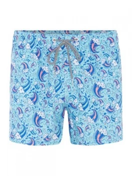 Image of Mens Boardies Wavey Dayz Print Shortie Length Swim Short Blue