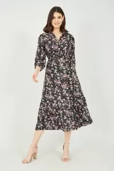 Image of Black Floral Print Shirt Midi Dress