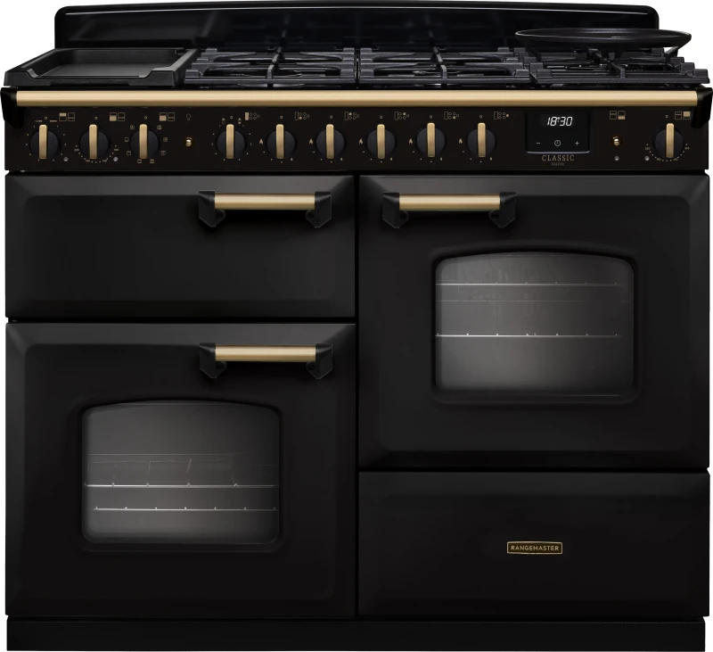 Image of Rangemaster Classic Deluxe 110 CLDLO110DFPCBL/AB1 110cm wide Dual Fuel Range Cooker with Gas Hob - Charcoal Black / Antique Brass - A Rated