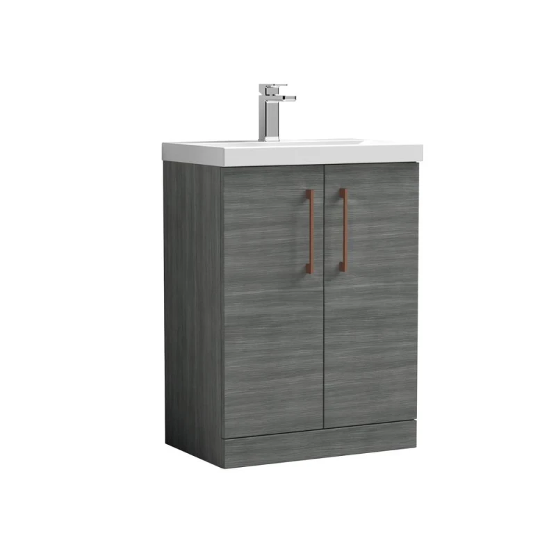 Image of Balterley Bathroom Floor 2-Door Vanity Unit Basin, Anthracite Woodgrain, 600mm in Grey Grey Unisex