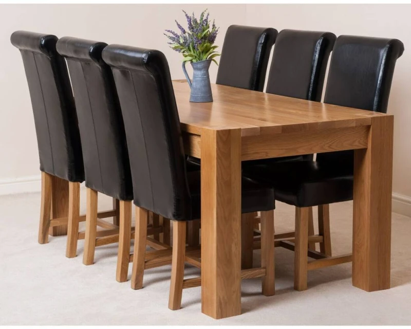 Image of Thats Furniture Kuba 180 x 90cm Chunky Oak Dining Table & 6 Washington Leather Chairs in Black Unisex 180 x 90 cm