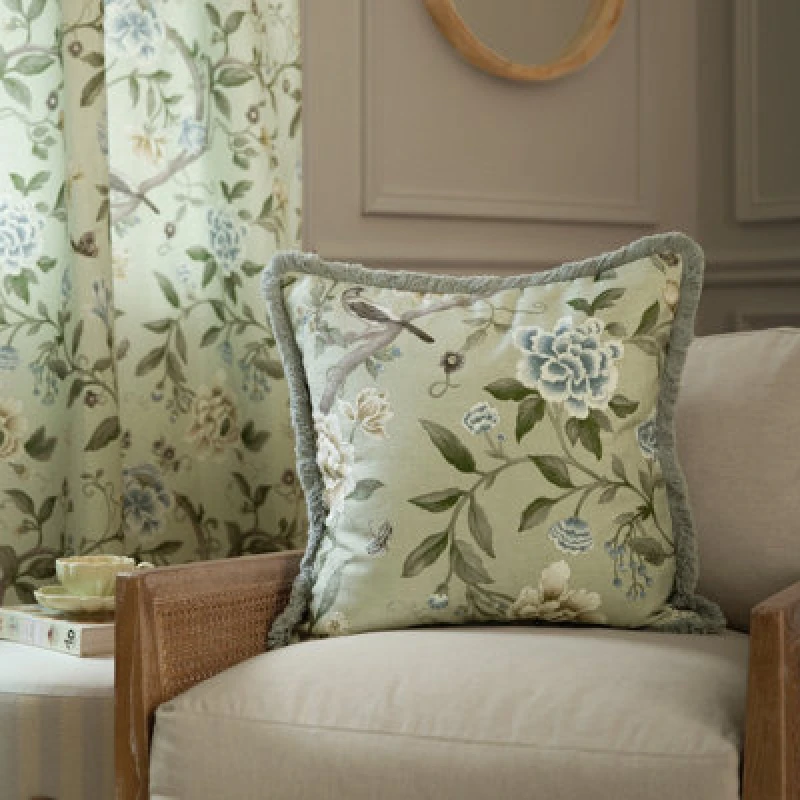 Image of Sanderson Sanderson Porcelain Garden Chenille Cushion in Light Green Size: 50cm x 50cm Light Green 50cm x 50cm Unisex 5025532868541