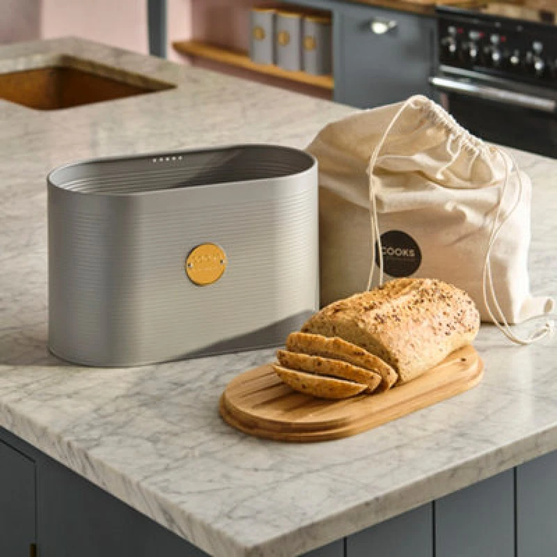 Image of Cooks Professional Ribbed Bread Bin With Linen Bag & 2-In-1 Bamboo Cutting Board Lid - Grey & Gold