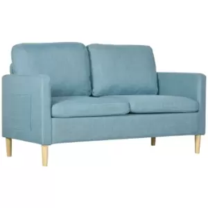 Image of HOMCOM 143cm 2 Seater Sofa for Living Room, Modern Fabric Couch, Loveseat Sofa Settee with Wood Legs and 2 Pockets for Bedroom and Home Office, Blue