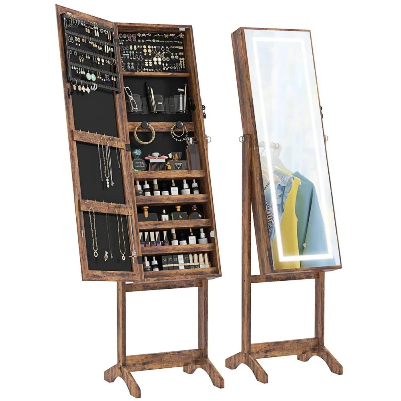 Image of FURNOS Free Standing Mirror Lockable Jewellery Cabinet 360 Swivel in Brown Brown Unisex