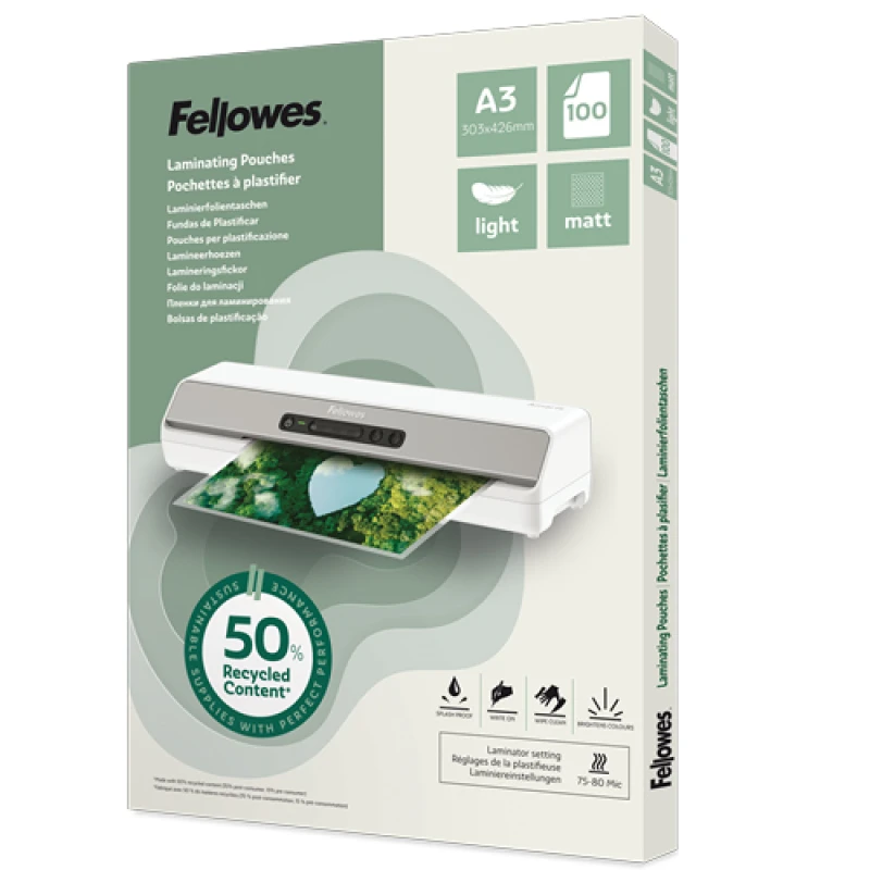 Image of Fellowes Fellowes Recycled Laminating Pouches 80 Micron A3 Matt (Pack of 100) 100143436 100143436