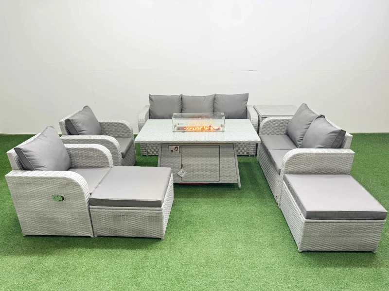 Image of Fimous PE Rattan Garden Furniture Set Reclining Chair Sofa Double Love Seat 2 Seater Sofa Lounge Set Firepit Dining Table 2 Big Footstool Side Table L