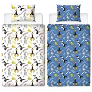 Image of Looney Tunes Gang Rotary Duvet Cover Set (Single) (White/Blue) - White/Blue