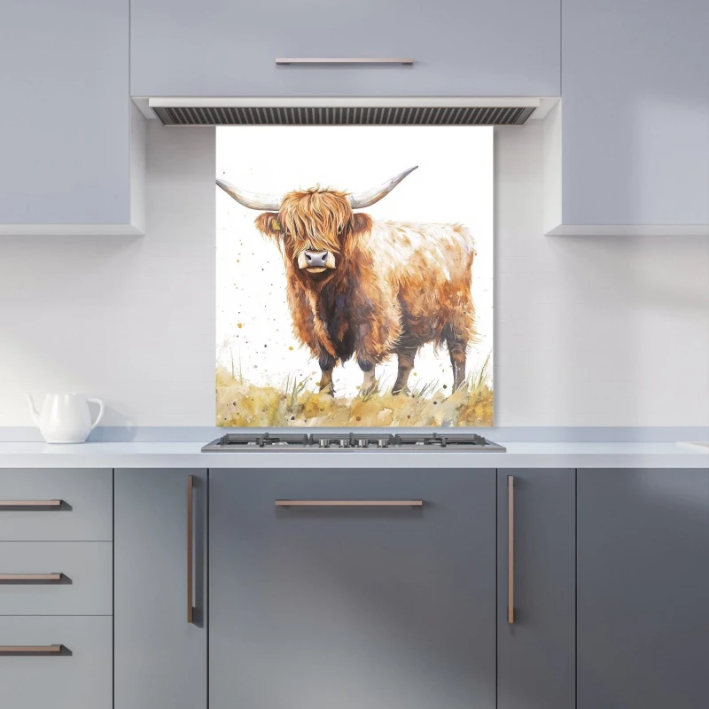 Image of Warren Reed - Designer Watercolour Highland Cow Kitchen Splashback in Brown Size: 600mm x 650mm Brown Unisex 600mm x 650mm