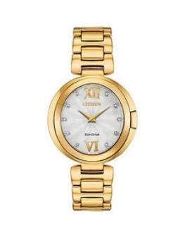 Image of Citizen Eco Drive Mother Of Pearl And Diamond Dial Gold Stainless Steel Bracelet Ladies Watch