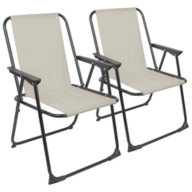 Image of Harbour Housewares Folding Metal Beach Chairs - Matt Black/beige - Pack Of 2