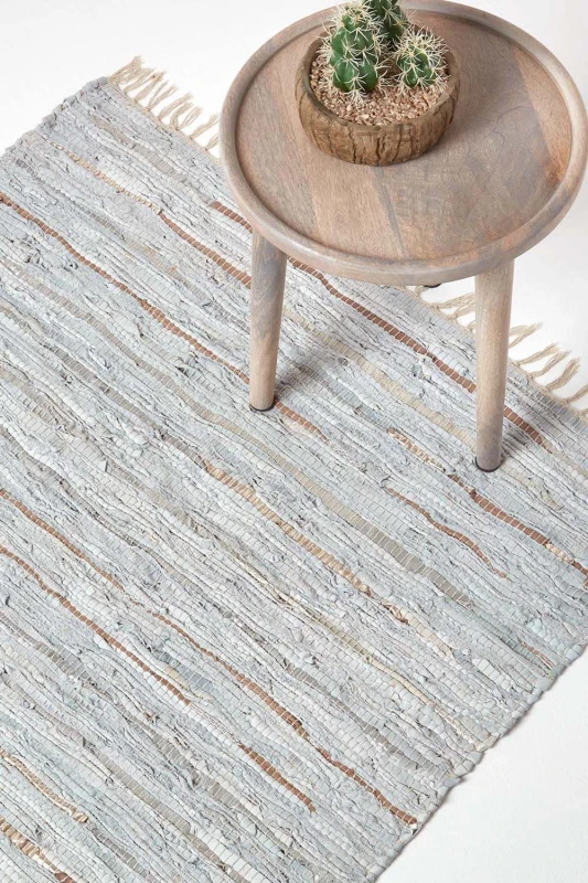 Image of Homescapes Leather Glitter Rug Silver And Natural, 120 X 180 Cm