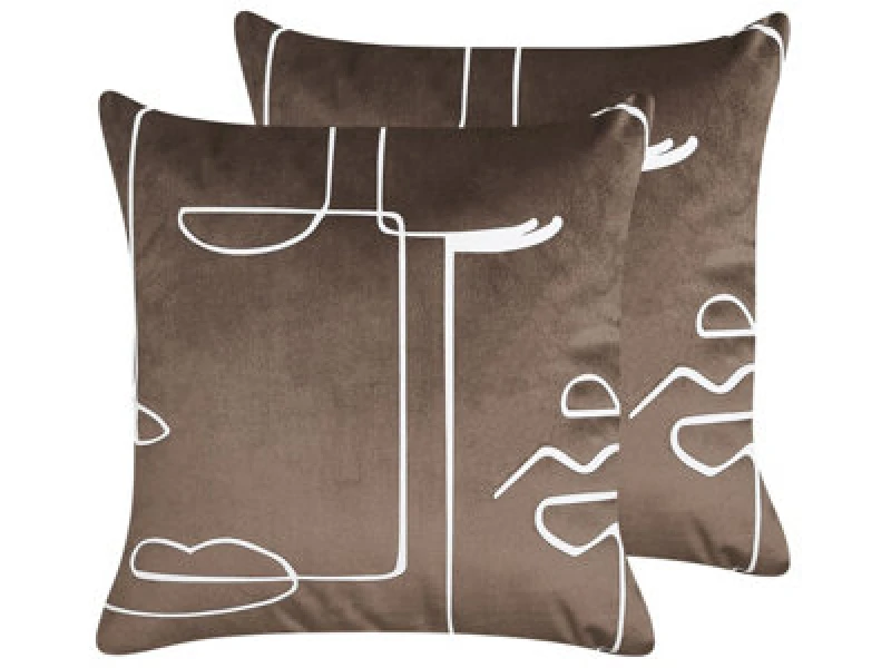 Image of Beliani Set Of 2 Decorative Cushions Philodendron Velvet 45 X 45cm Brown Abstract Pattern