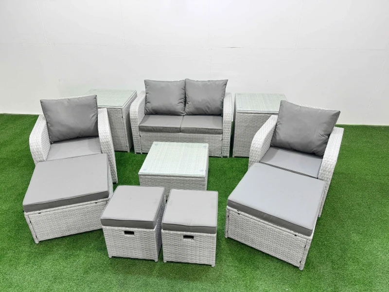 Image of Fimous PE Rattan Love Sofa Reclining Chair Set with 4 Footstools 2 Side Table in Light Grey Light Grey Unisex
