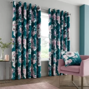 Image of Catherine Lansfield Shewsbury Digital Print Velvet Pinsonic Teal Eyelet Curtains Teal (Blue)
