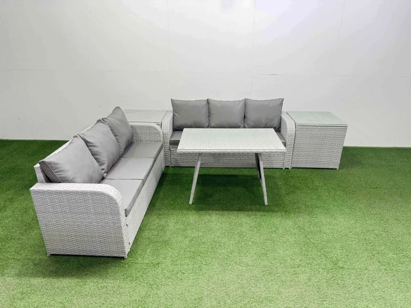 Image of Fimous Rattan High Back Lounge Sofa Set with 3 Seater Sofa 2 Side Tables in Light Grey Light Grey Unisex