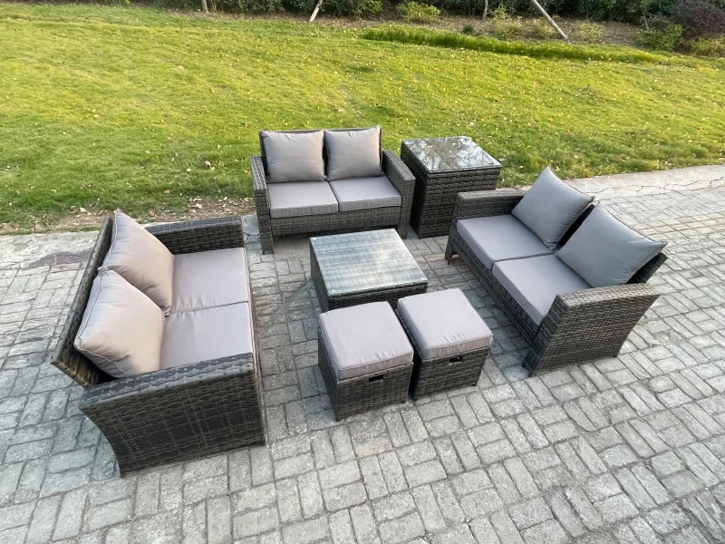 Image of Fimous 7 PCS Outdoor Lounge Sofa Set Wicker PE Rattan Garden Furniture Set with Square Coffee Table Double Seat Sofa Side Table in Dark Grey Dark Grey