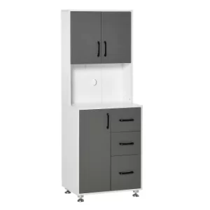 Image of HOMCOM Modern Kitchen Buffet with Hutch Pantry Storage,2 Cabinets, 3 Drawers and Open Countertop, Grey Microwave, 60L x 40W x 150H cm, Grey and White