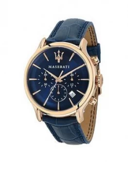 Image of Maserati Epoca Blue Sunray And Rose Gold Detail 42Mm Chronograph Dial Blue Leather Strap Mens Watch