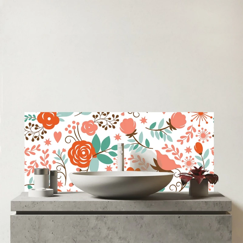 Image of Warren Reed - Designer Orange Floral Pattern Glass Bathroom Splashback in Green Green Unisex