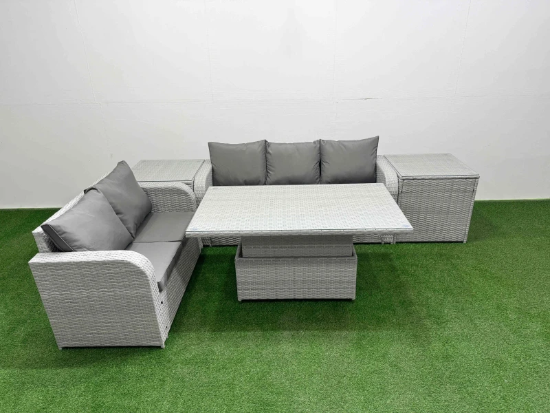 Image of Fimous 5 Seater PE Rattan Wicker Garden Furniture Patio Conservatory Sofa Set with Adjustable Lifting Dining or Coffee Table 3 Seater Sofa Love Sofa 2