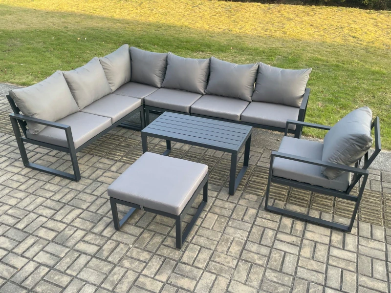 Image of Fimous Aluminium Garden Furniture Set Outdoor Indoor Lounge Corner Sofa Chair Oblong Coffee Table Sets with Big Footstool Dark Grey Dark Grey Unisex