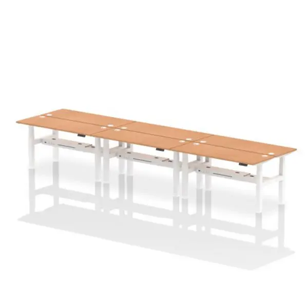 Image of Air Air Back-to-Back 1600 x 600mm Height Adjustable 6 Person Bench Desk Oak Top with Cable Ports White Frame HASCP6P16600OAKW