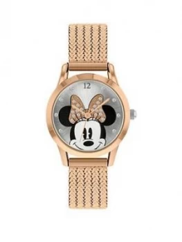 Image of Disney Minnie Mouse Silver And Rose Gold Crystal Set Bow Dial Rose Gold Stainless Steel Mesh Strap Watch