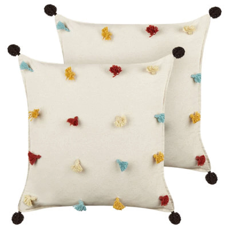 Image of Beliani Set Of 2 Decorative Cushions Fussel Cotton 45 X 45cm Light Beige