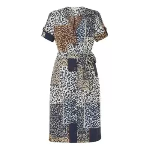 Image of Yumi Navy Patchwork Animal Print Shirt Dress - Blue