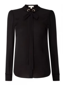 Image of Michael Kors Hardwear detail tiw neck silk blouse Black