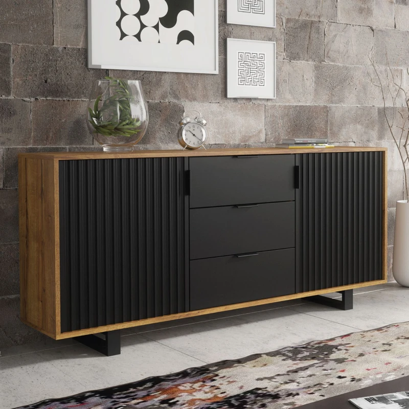 Image of Creative Furniture Blackridge Sideboard 140cm - Dark Oak Body with Matte Black Fluted Fronts in Brown Brown Unisex