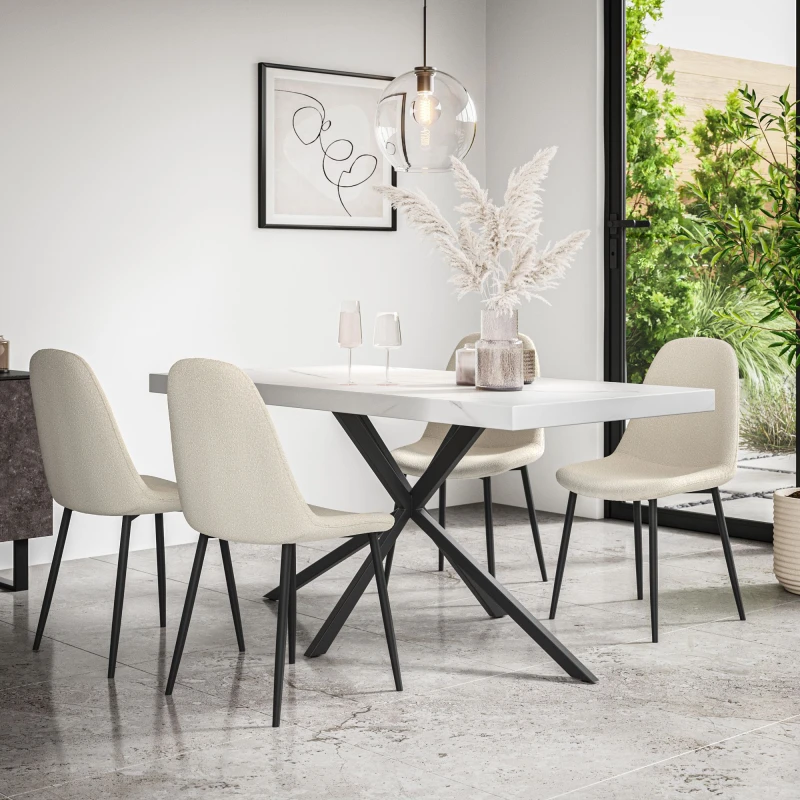 Image of More4Homes Donni Dining Table And Chairs - White Marble Effect Table Top W Black Legs + Maya Boucle Dining Chair Set Of 4 (Ivory White)