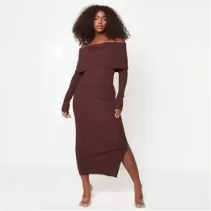 Image of Missguided Tall Rib Knit Bardot Midaxi Dress - Brown