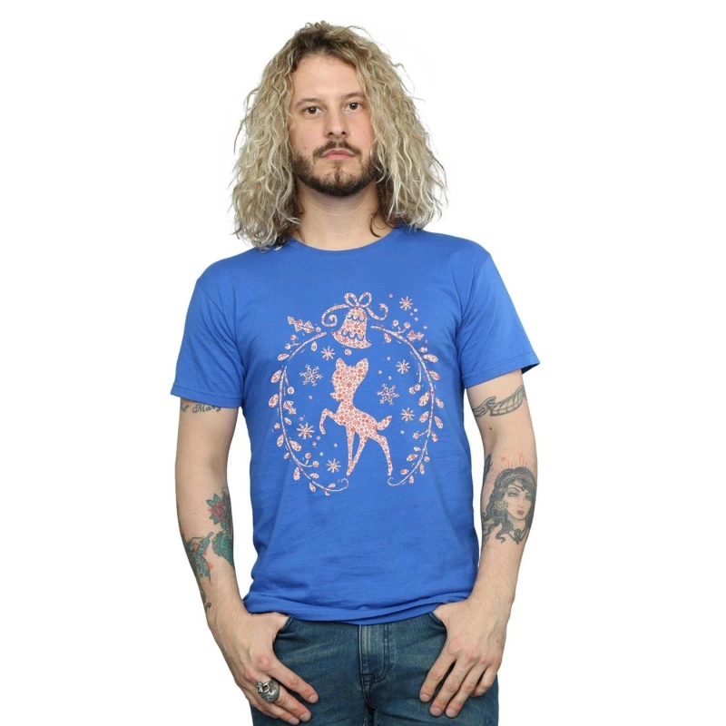 Image of Disney Men Bambi Christmas Wreath T-Shirt in Blue Size: Small Blue S Male 5057245990790
