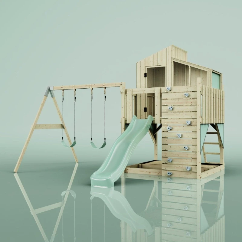 Image of OutdoorToys PolarPlay Kids Climbing Tower & Playhouse Swing Geir Sage in Beige Beige Unisex