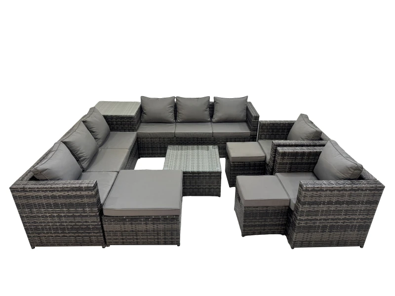 Image of Fimous Garden Rattan Outdoor Furniture Set 11 Seater with 3 Stool Side Table in Dark Grey Dark Grey Unisex