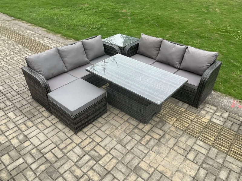 Image of Fimous Outdoor Rattan Garden Furniture Sets Height Adjustable Rising lifting Dining Table Sofa Set with Side Table Dark Grey