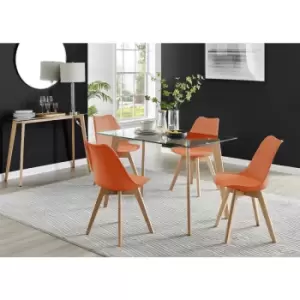 Image of Furniturebox UK - Furniturebox Malmo Rectangular Glass and Wooden Leg Modern Industrial Dining Table & 4 Orange Stockholm Wooden Leg Faux Leather