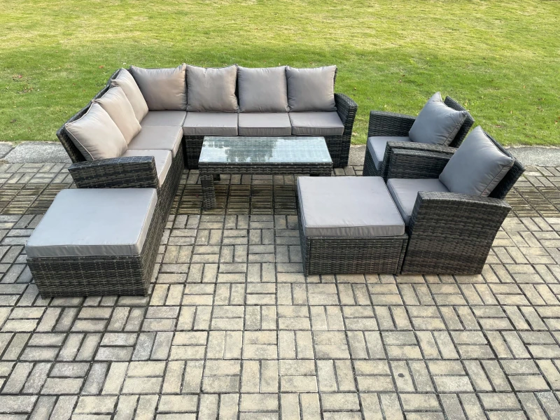Image of Fimous Outdoor Furniture Garden Dining Set Rattan Corner Sofa Set with 2 Armchairs 2 Big Footstool Dark Grey Mixed Dark Grey Unisex