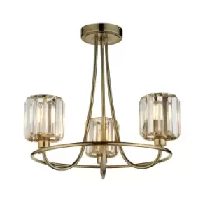Image of Berenice 3 Light Multi Arm Glass Shade Semi Flush Ceiling Lamp Antique Brass