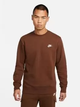 Image of Nike NSW Club Fleece Crew Sweat - Brown , Brown, Size S, Men