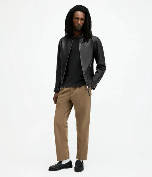 Image of AllSaints Mens Leather Traditional Soft Sheep Cotton Cora Bomber Jacket, Black, Size: XXL