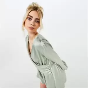Image of Missguided Wrap Drape Satin Floaty Playsuit - Green