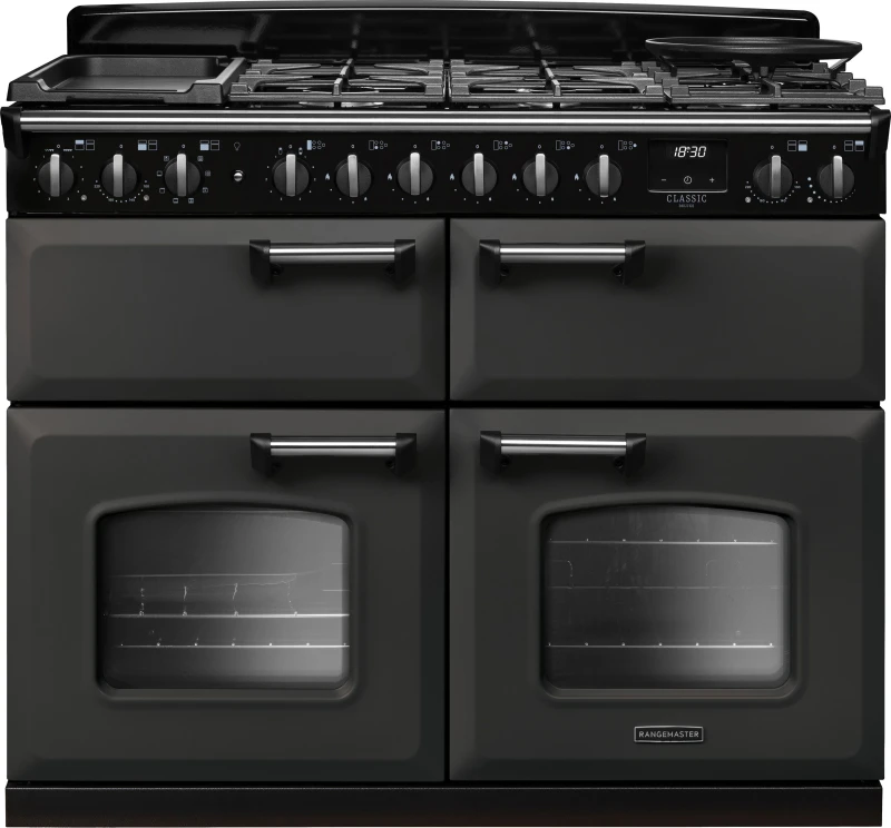 Image of Rangemaster Classic Deluxe CLDLB110DFPSLT/CM1 110cm wide Dual Fuel Range Cooker with Gas Hob - Slate / Chrome - A Rated